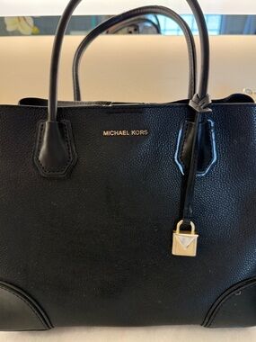 Michael Kors Black Pebbled Leather Satchel with Gold Accent